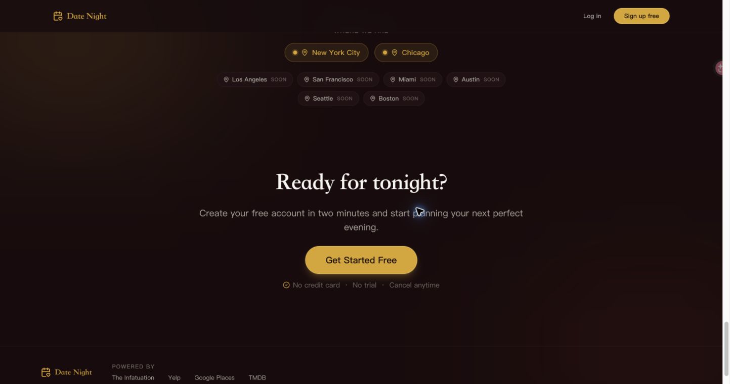 Date Night Planner supported cities and signup CTA