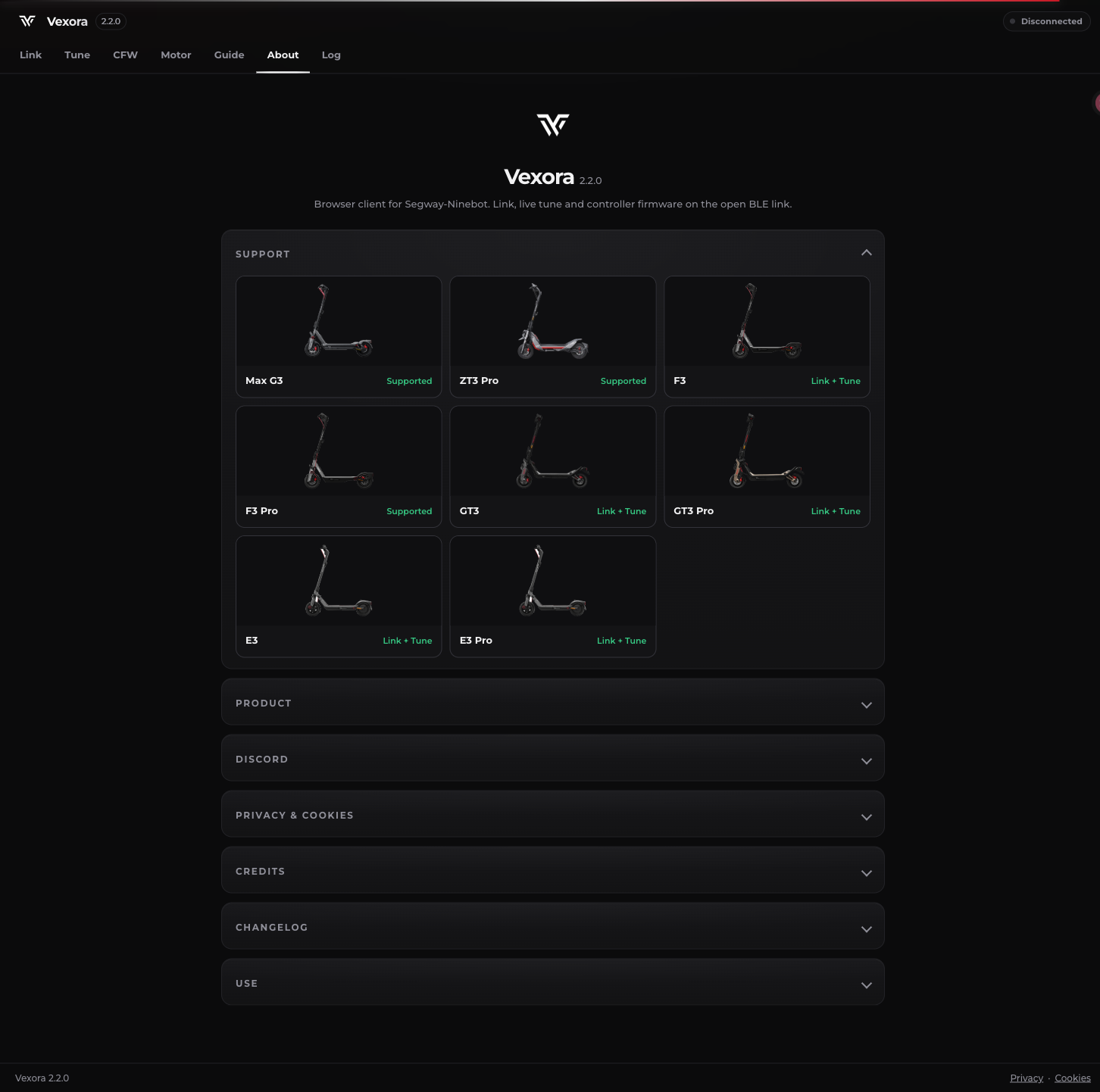 Vexora model support and About